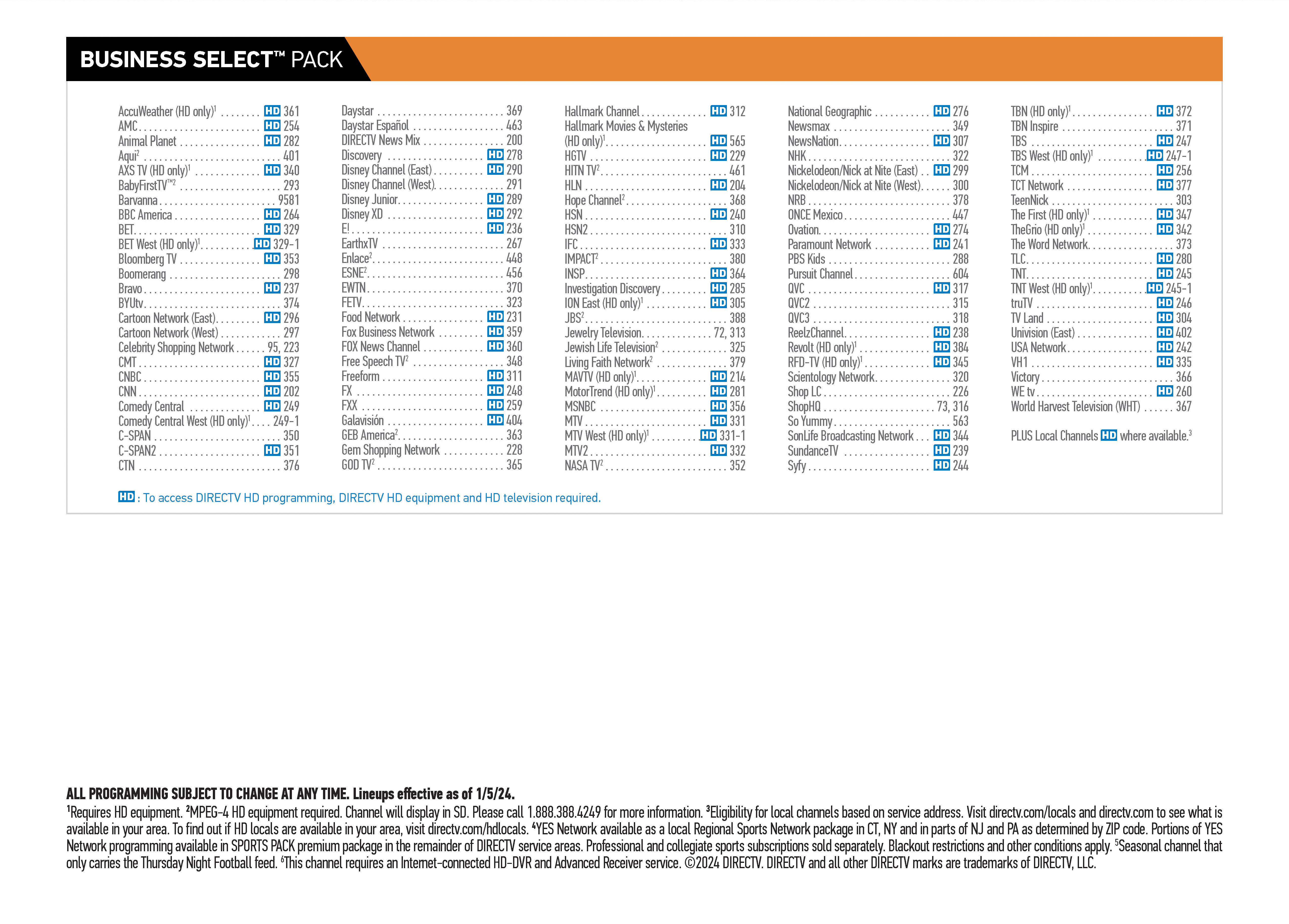 BUSINESS SELECT™ PACK channel lineup, effective as of 1/5/24.