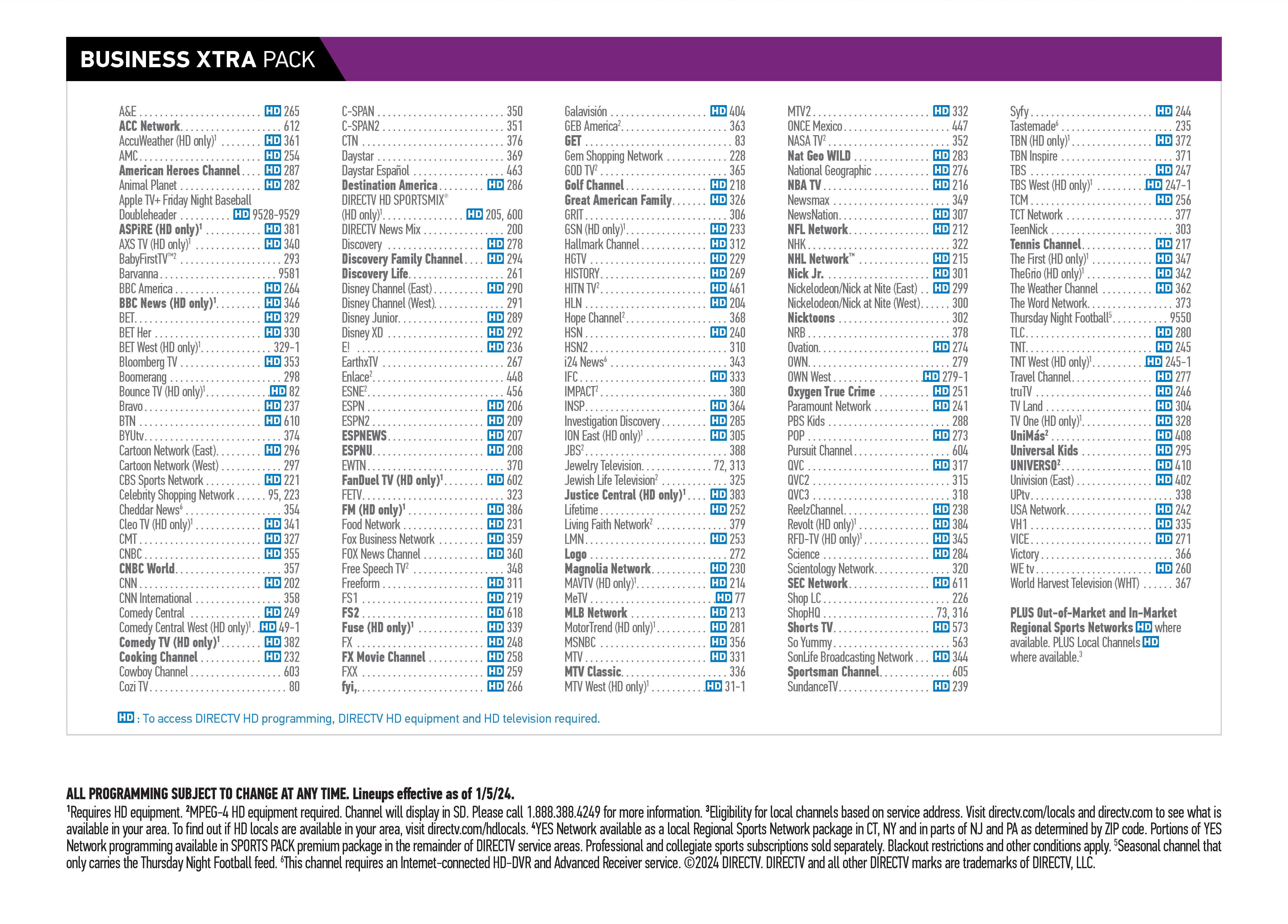 BUSINESS XTRA Pack channel lineup, effective as of 1/5/24.